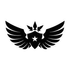 Winged Shield with Star Emblem in Black and White Silhouette Design