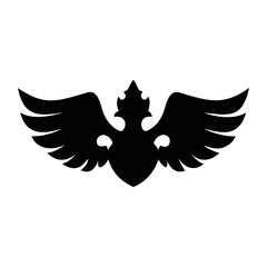 Abstract black symbol featuring wings, shield, and fleur de lis inspired design