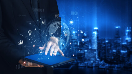 Global AI-powered digital network ecosystem connecting data, finance, analytics, ecommerce,...
