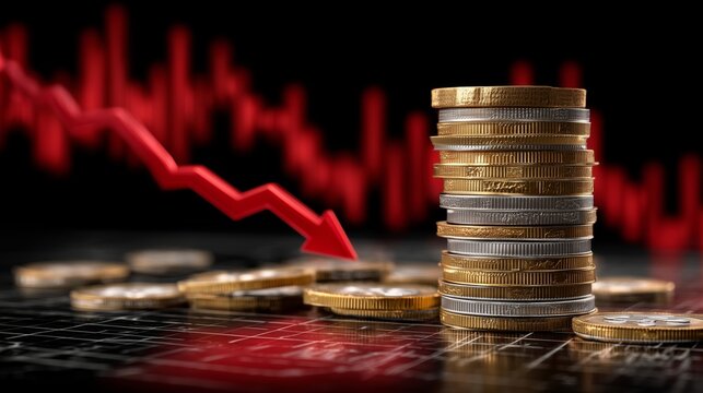 a pile of coins, with dollar signs, red graph pointing down, concept a falling price market in a black background, symbolizing a financial graph