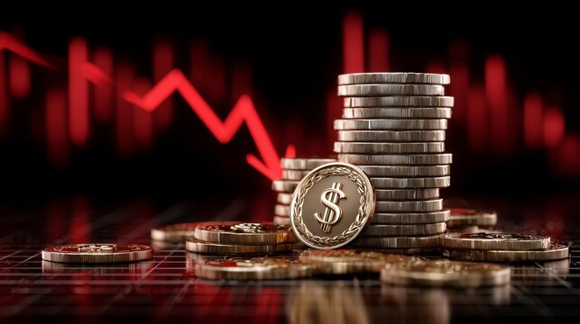 a pile of gold dollar coins, with dollar signs, red graph pointing down, concept a falling price market in a black background, symbolizing financial graph