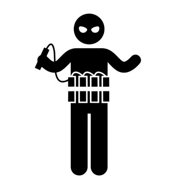Silhouette of masked person with explosive vest and detonator. suicide bomber threat, terrorism, and violent extremism for use in educational or security awareness materials.