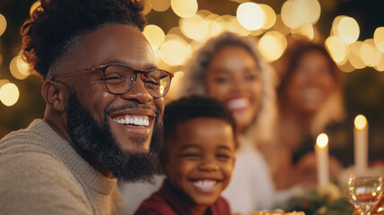 Multigenerational family enjoys festive meal with laughter and joy around a beautifully decorated dining table