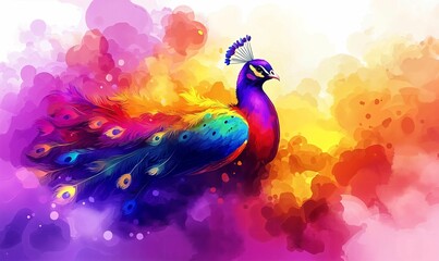 Vibrant Peacock Digital Painting with Colorful Feathers Against an Ethereal Abstract Background
