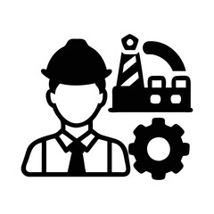 Industrial engineer standing with factory and gear icon in solid style