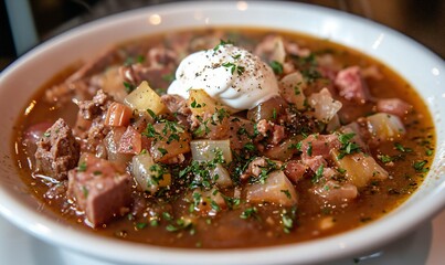 Hearty Beef Stew Topped with Creamy Sour Cream and Fresh Herbs in Warm Lighting