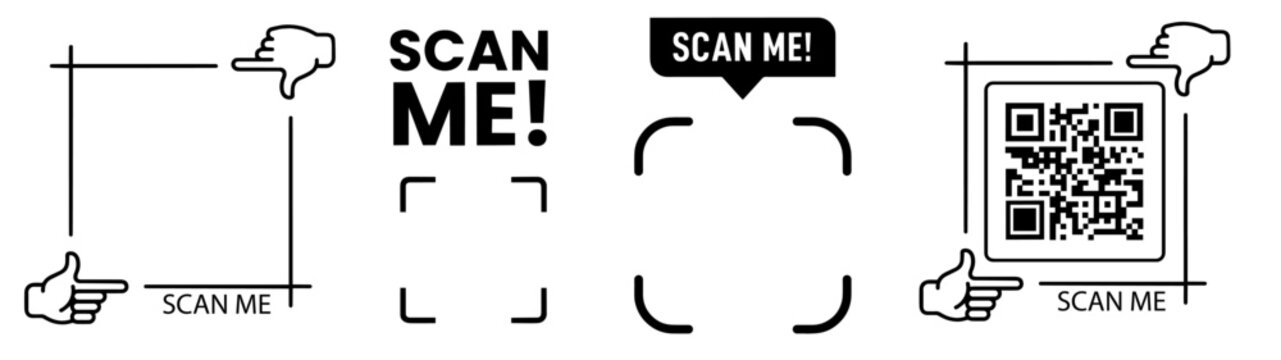 Scan Me QR with Pointers and Labels. QR Code Highlighting, Attention Markers, Contactless Access. Mobile Scanning, Digital Interaction, Smart Linking, Visual Call to Action for Apps, Menus, Business M