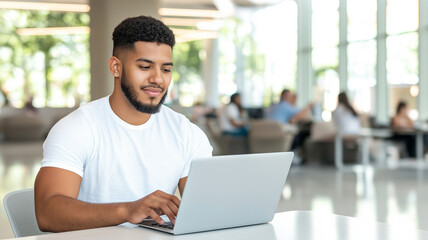 Latino male student working diligently on laptop in modern coworking space filled with dynamic activity and bright natural light