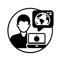 Person with laptop and globe suggests online global collaboration for business