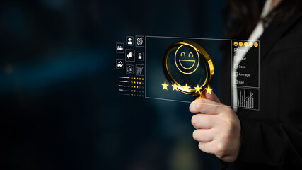 Customer feedback and satisfaction rating system showing star review, happy face, performance score, and service evaluation to improve customer experience Latch