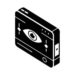 Black and white isometric illustration of a device with an eye image