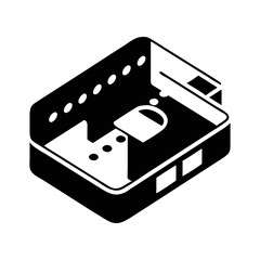 Isometric view of an electrical box with holes and access panels illustration