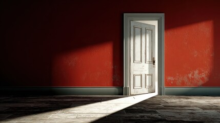 Sunlight through open doorway in red room