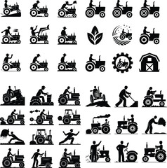 Tractor Driver Icons – Agricultural Black Silhouette Vectors Man Driving Tractor Silhouette Set – Farm Life Icon Collection