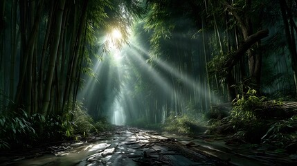 Illuminated bamboo path through nature