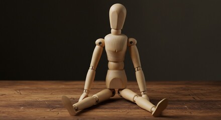 Wooden Mannequin Sitting on Wood Floor, Dark Background, Studio Shot