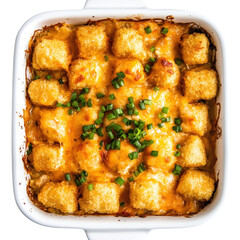 Cheesy Tater Tot Casserole with Chopped Green Onions, Perfect for Family Dinners and Gatherings on transparent background