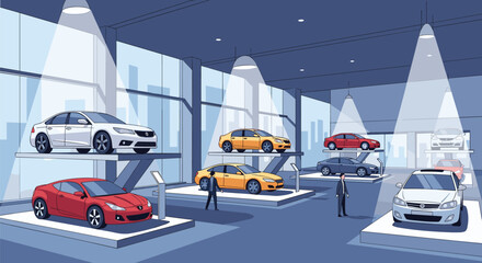 Contemporary automotive showroom featuring various stylish vehicles on display under spotlight illumination showcasing new models