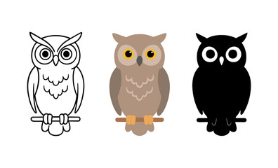 Owl evolution: line art to colorful realism to silhouette