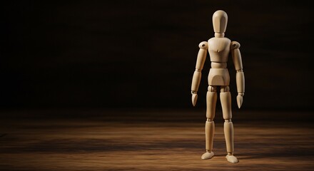 Wooden Mannequin Standing Tall on Dark Wood Surface, Studio Lighting