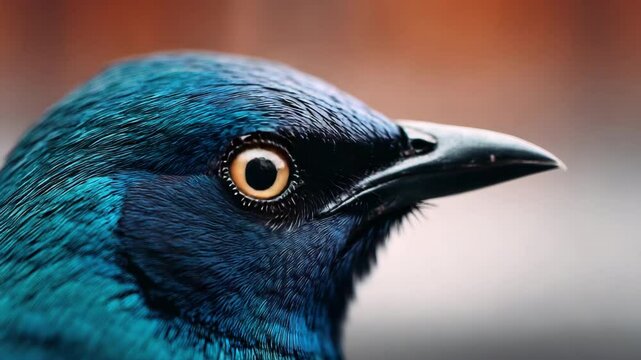 Closeup portrait of vibrant blue bird with glossy feather, sharp beak, and intense eye detail, showcasing wildlife animal nature with detailed feather texture, colorful avian beak focus