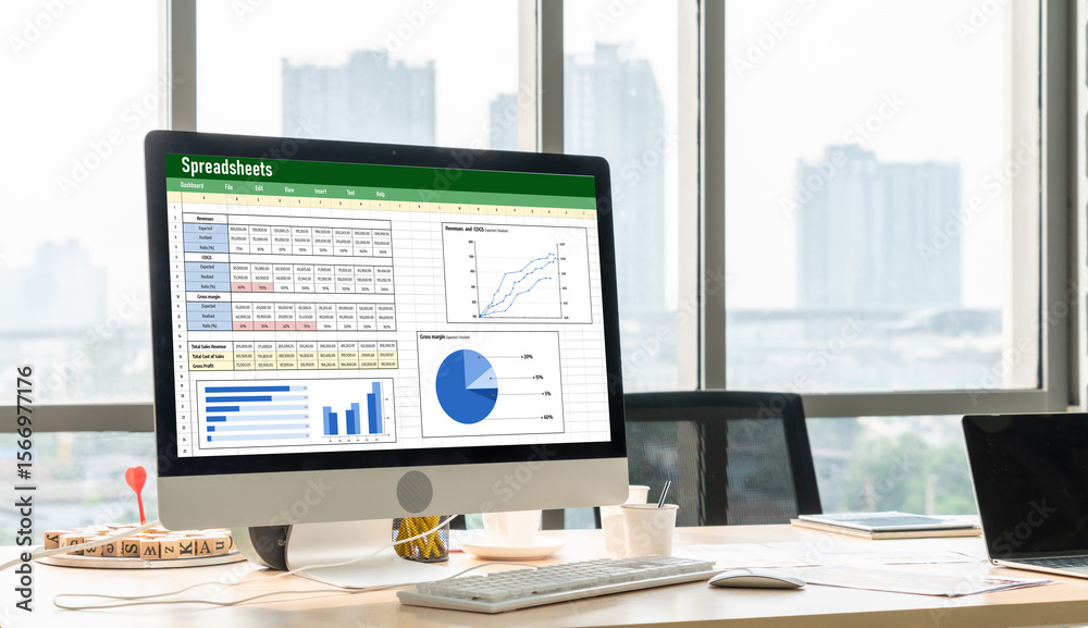 Poster spreadsheet document information financial startup concept. data and graphs in spreadsheet documents