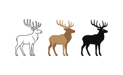 Fototapeta premium Deer silhouette trio: outline, colored, and shadowed versions for wildlife art and design