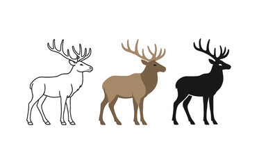 Fototapeta premium Deer silhouette set featuring three styles: outline, brown, black