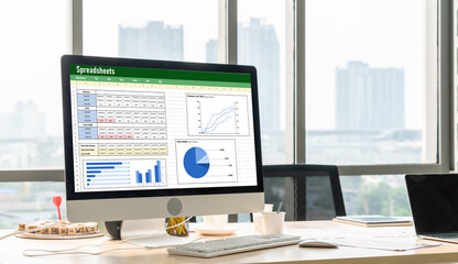 Spreadsheet document information financial startup concept. data and graphs in spreadsheet...