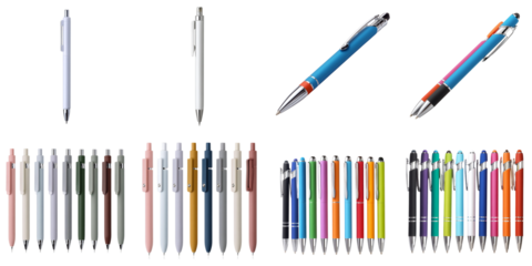 Set of retractable pens practical on white background, office tool