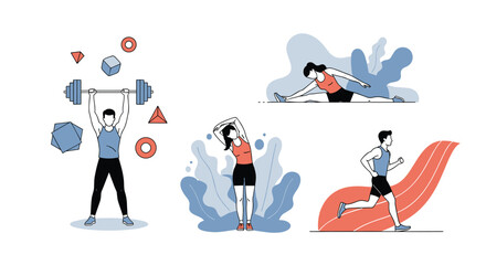 Diverse fitness activities including weightlifting running and stretching promoting healthy lifestyles and physical well-being