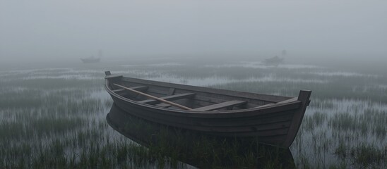 Obraz premium Wooden fishing boat floating on still water in misty marsh with skeletal trees. Atmospheric fog creating dreamy landscape scene. Nature solitude meditation concept. Tourism outdoor recreation services