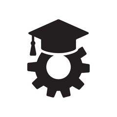 A black graduation cap with tassel placed on top of a black gear wheel illustration