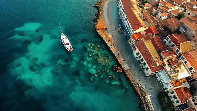Breathtaking aerial view of Chania harbor on Crete island showcasing vibrant waters and charming architecture, Chania Crete island old city harbor aerial view Beautiful architecture