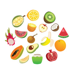 Tropical fruit slice and whole fruit set vector icon with durian, papaya, kiwi, banana, orange and melon in a colorful circular layout on white background