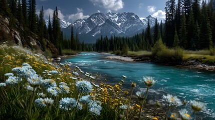 Turquoise river flowing through canadian mountains