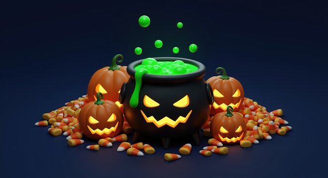 Black witch cauldron with green potion bubbles surrounded by carved pumpkins and candy corn. Halloween spooky brewing scene with jack-o-lanterns on dark background. October celebration