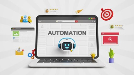 Business automation workflow, process automation, seamless operations, AI technology, digital marketing, promotion and campaigns. Laptop with AI bot assistant, marketing icons. 4K 3D animation - Powered by Adobe
