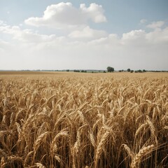 A vast golden wheat field sways gently under a soft cloudy sky. Warm sunlight highlights the ripe stalks, creating a peaceful and abundant rural landscape.