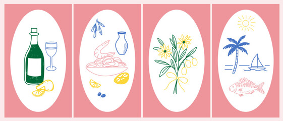 Sketch Vintage Amalfi Style Poster. Mediterranean life Atmosphere Food Drink Symbol. Hand Drawn Travel Card, Wedding Invitation, Poster Print Design, Postcard Surface. Outline Line Stroke Icon Art.