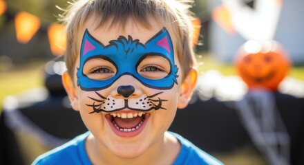 Happy child with blue cat face paint smiling joyfully showing painted whiskers and nose design. Cute toddler with colorful animal makeup. Children entertainment concept