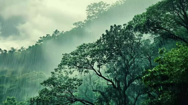 Trees on mountainside endure heavy rainfall amidst a lush landscape, Trees On Mountainside In Heavy Rainfall