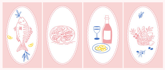 Sketch Vintage Amalfi Style Poster. Mediterranean life Atmosphere Food Drink Symbol. Hand Drawn Travel Card, Wedding Invitation, Poster Print Design, Postcard Surface. Outline Line Stroke Icon Art.