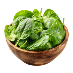 Fresh spinach leaves in a wooden bowl. The vibrant green spinach is ready to be used in a variety of healthy dishes.
