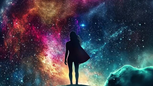 Superhero woman stands boldly in a galaxy surrounded by vibrant cosmic colors and stars, superhero woman stand on space galaxy video in background
