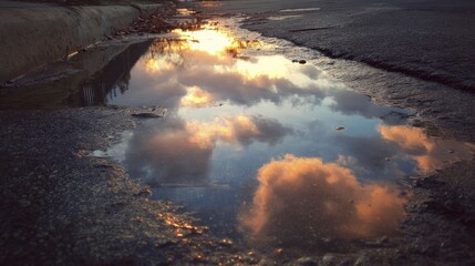 Sunset clouds reflected in a puddle