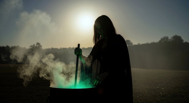 Mysterious hooded figure stirring glowing green potion in cauldron with smoke. Dark sorcerer brewing magical elixir in atmospheric setting. Supernatural magic concept