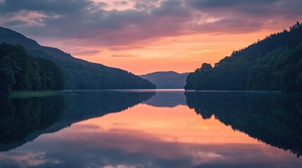 Serene lake at sunset with colorful sky and mountains reflecting in calm water.