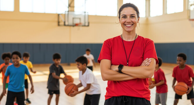 Female trainer with smile and crossed hands in gym with children in classroom. Sports instructor conducts group fitness training for young people