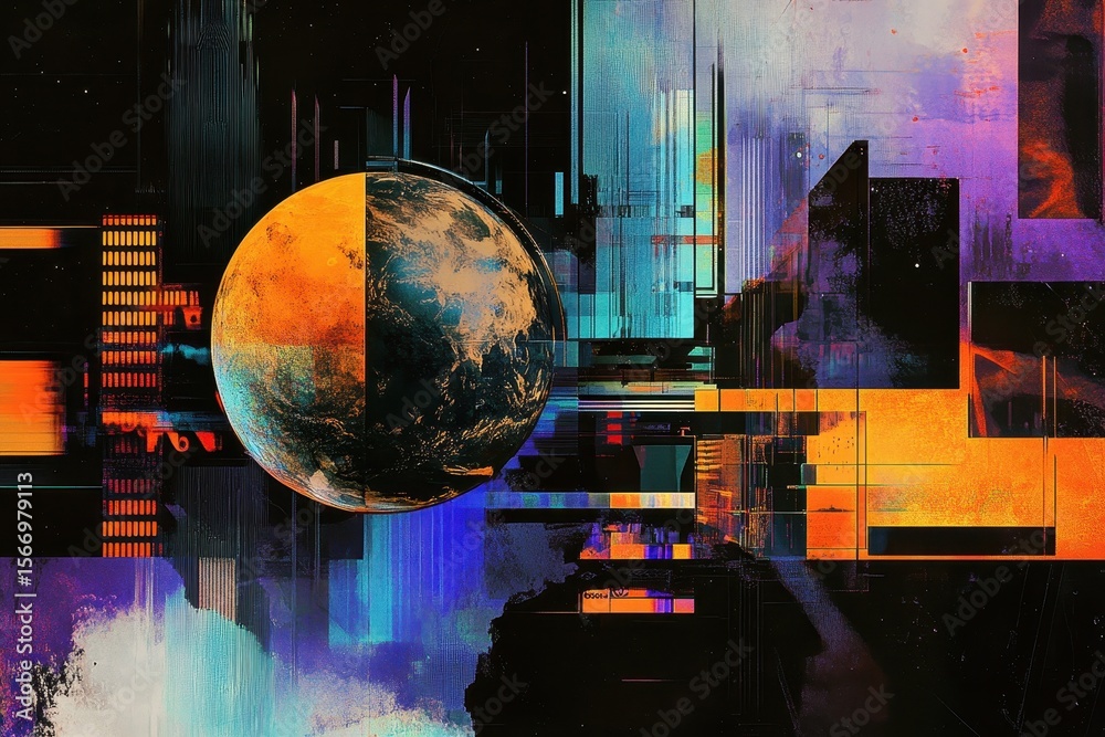 Poster shapes and globe represent data processing in a vibrant abstract composition, shapes and globe over 